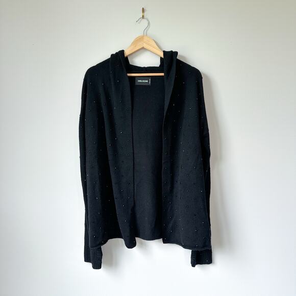 Zadig & Voltaire Cosany Rhinestone Embellished Hooded Cashmere Cardigan Black - Picture 2 of 11